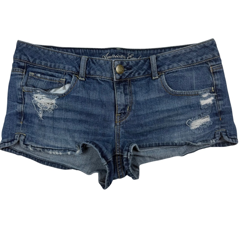 VTG Y2K American Eagle Denim Micro Mini Shorts Sz 10 Ultra Low Rise Cut Off 2"